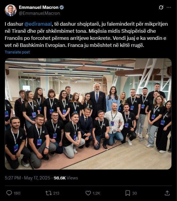 Macron në gjuhën shqipe falënderon Shqipërinë për mikpritjen e madhe