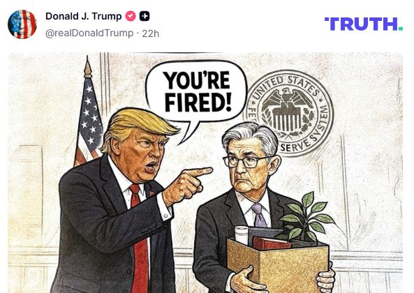 “You’re fired”, Trump publikoi një karikaturë ku shkarkon kreun e Bankës Qendrore të SHBA-së