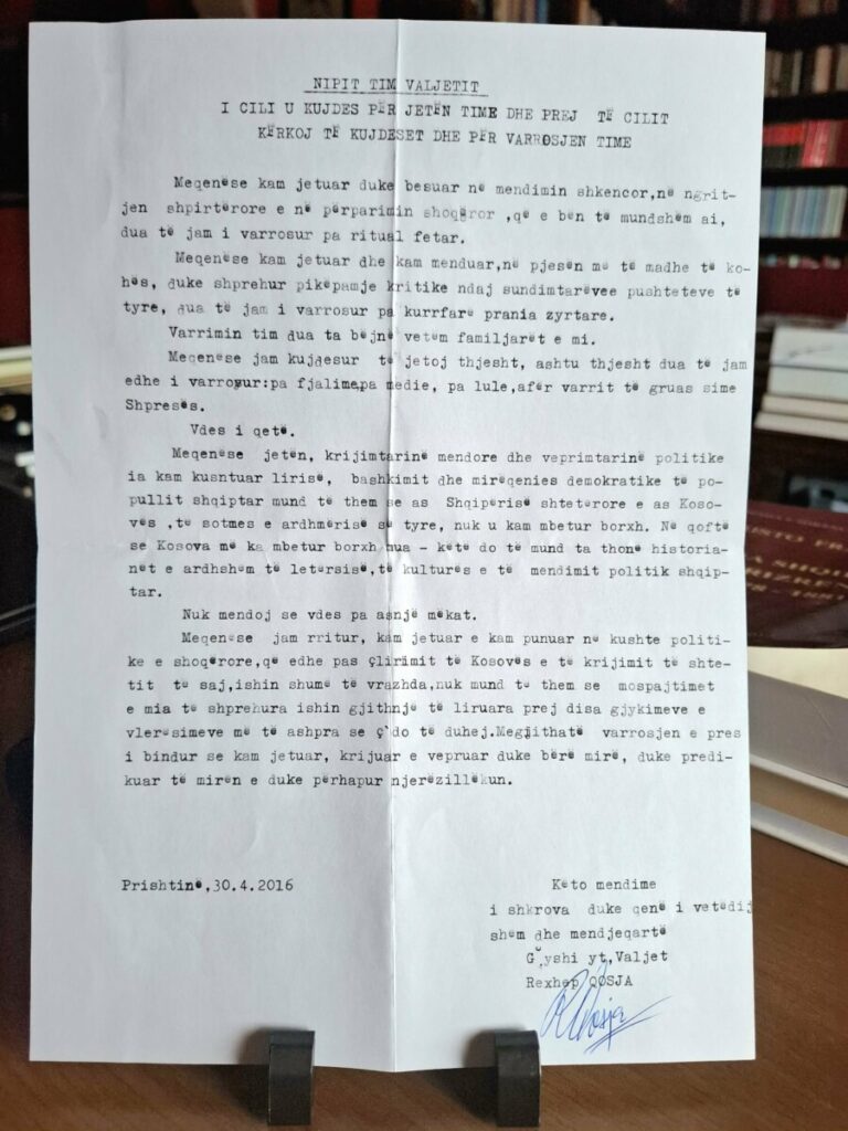 Publikohet letra që Rexhep Qosja ia la amanet nipit