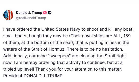 Trump urdhëron Marinën të qëllojë mbi çdo anije iraniane që vendos mina