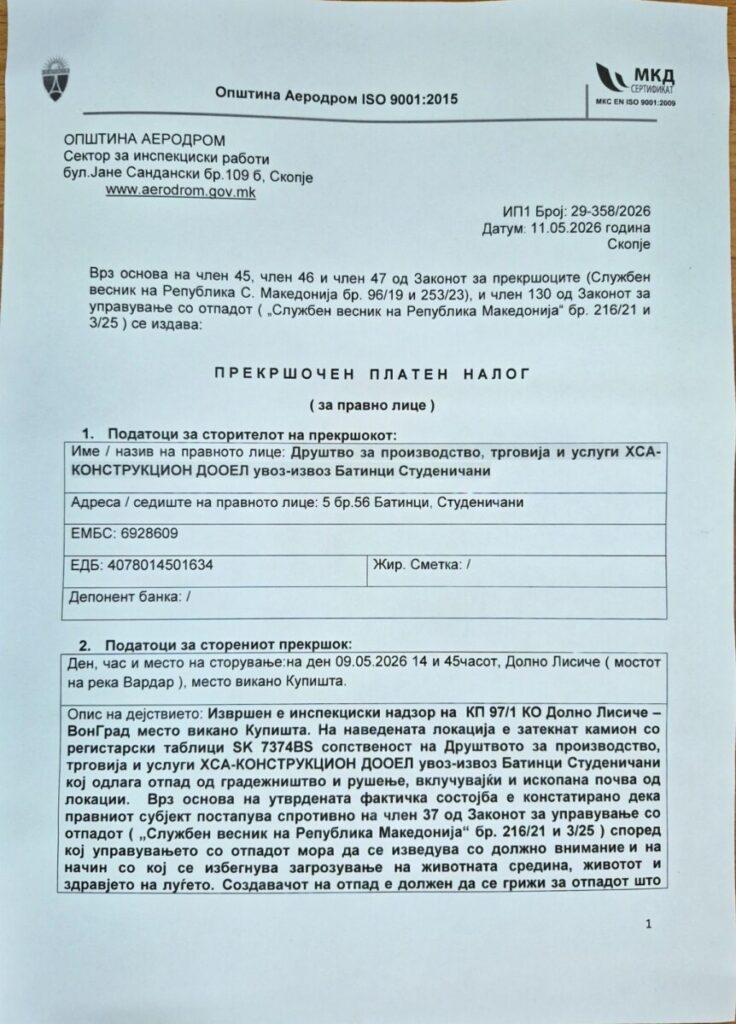 20.000 € gjobë për hedhje të paligjshme të mbeturinave në Komunën e Aerodromit