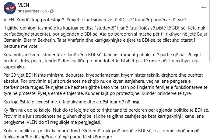 VLEN: Kundër kujt protestojnë fëmijët e funksionarëve të BDI-së? Kundër prindërve të tyre?