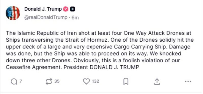 Trump: Irani shkeli armëpushimin, lëshoi dronë dhe goditi anije në Ngushticën e Hormuzit