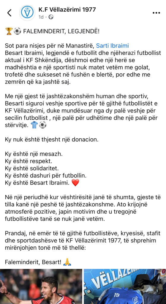 Zemra e madhe e një legjende! Besart Ibraimi dhuron pajisje sportive për Vëllazërimin